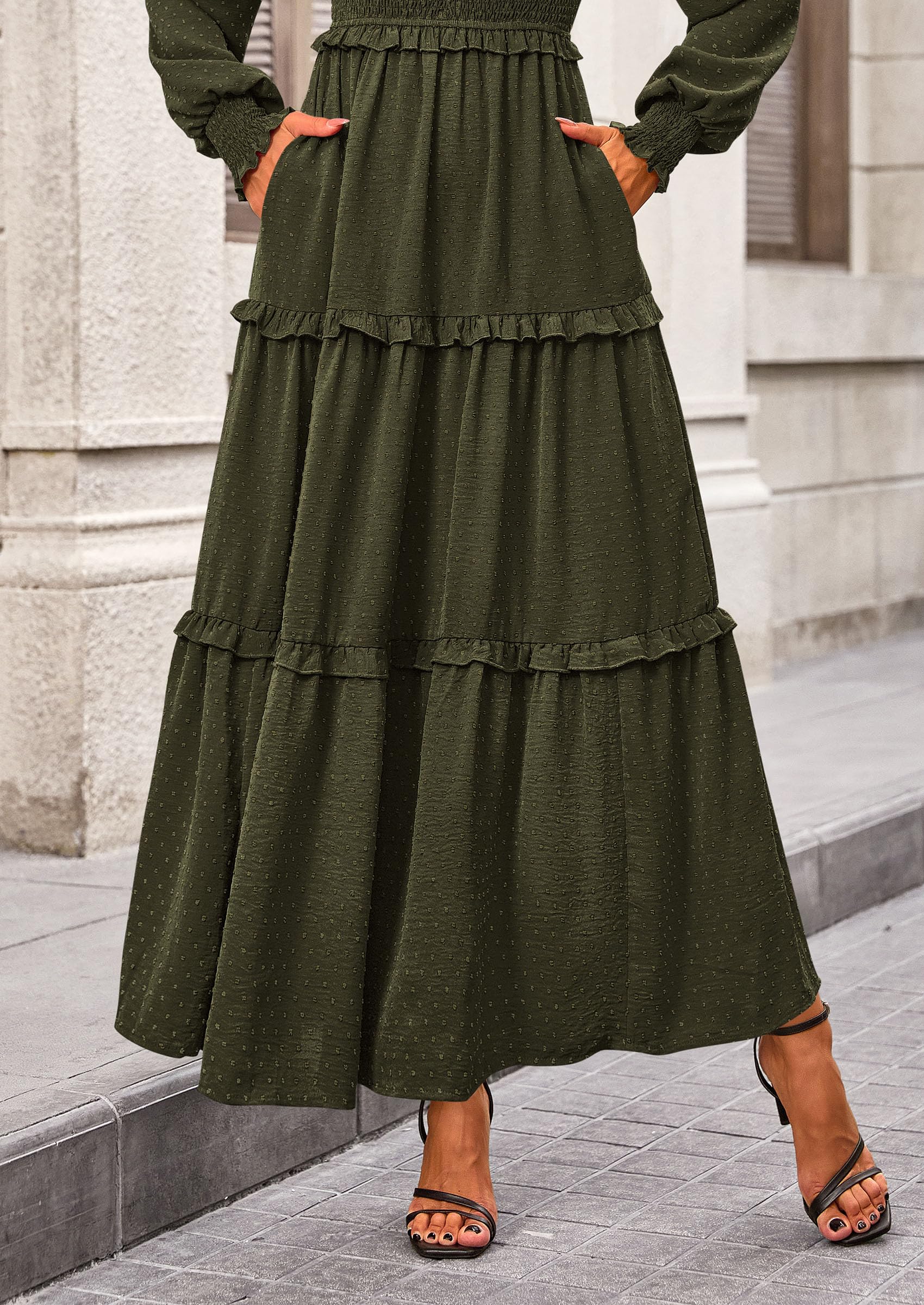 PRETTYGARDEN Women Fall Long Sleeve Smocked Maxi Dress Casual Square Neck Swiss Dot Tiered Ruffle Flowy Spring Pocket Dresses