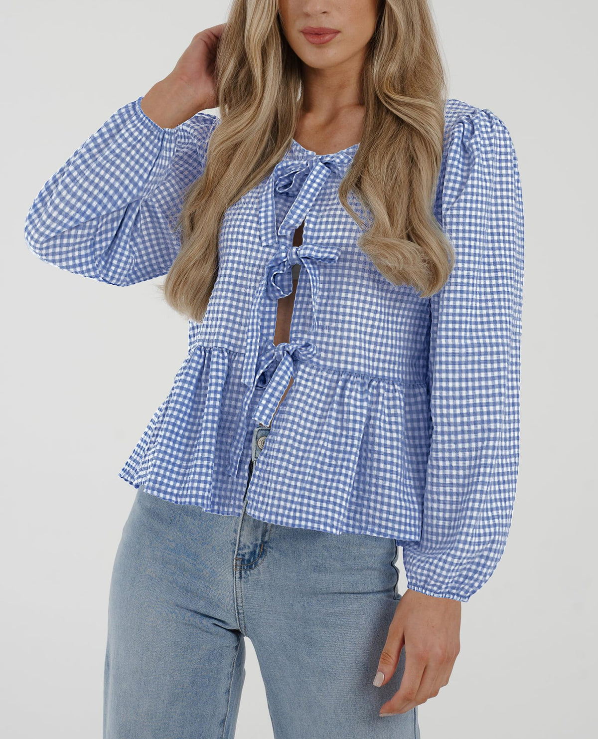 Babydoll Peplum Blouse Shirt Puff Long Sleeve Bow Tie Front Trendy Cute Y2K Going Out Tops