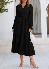 Women's Fall Maxi Dress Long Sleeve V Neck Tiered Ruffle Flowy A Line Cocktail Party Dresses