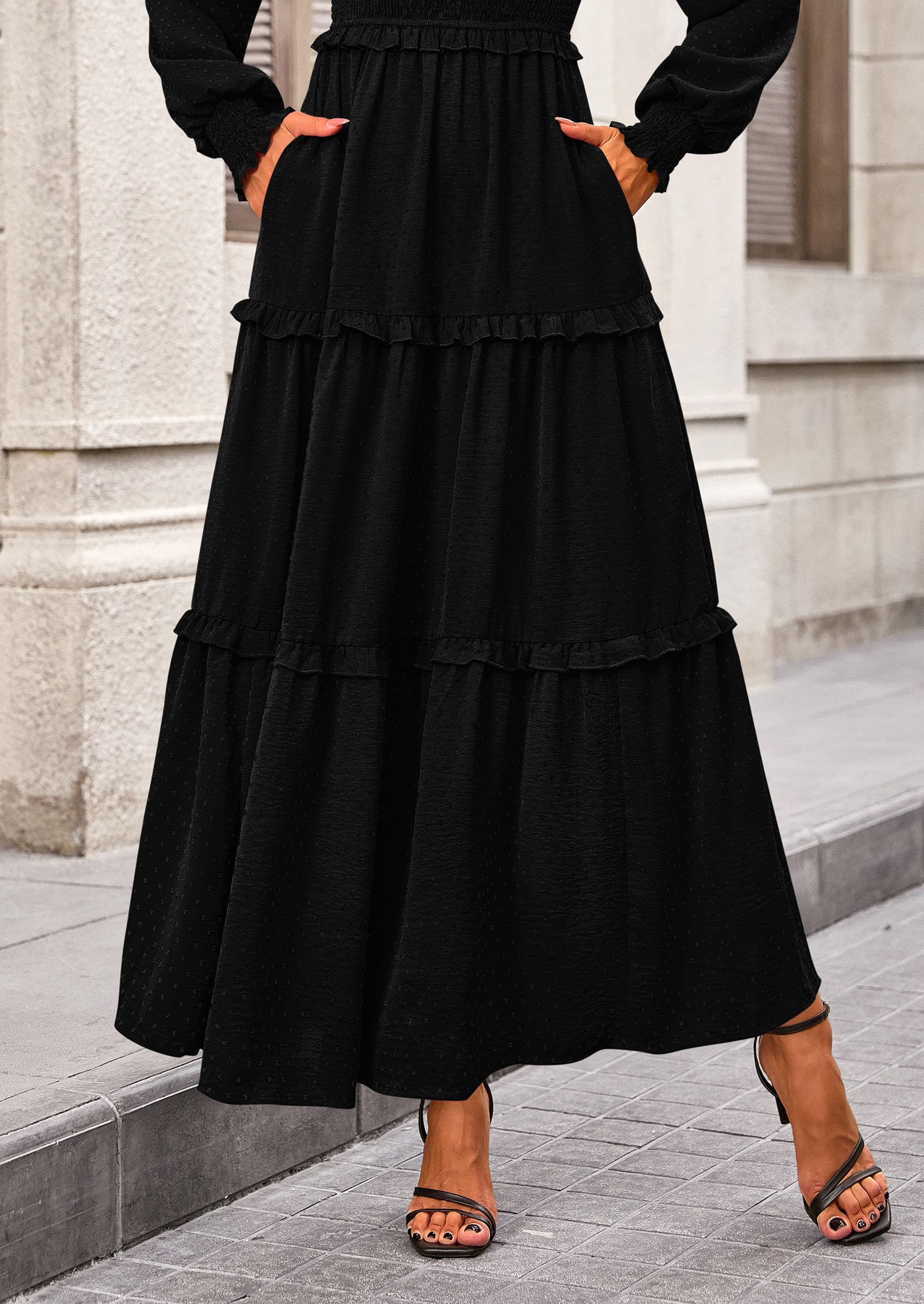 PRETTYGARDEN Women Fall Long Sleeve Smocked Maxi Dress Casual Square Neck Swiss Dot Tiered Ruffle Flowy Spring Pocket Dresses