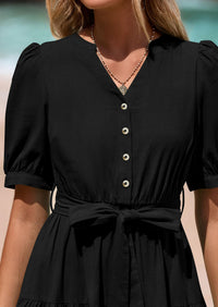 PRETTYGARDEN Women's Midi Dress Casual Short Sleeve V Neck Buttons Belted Ruffle A Line Flowy Dress with Pockets