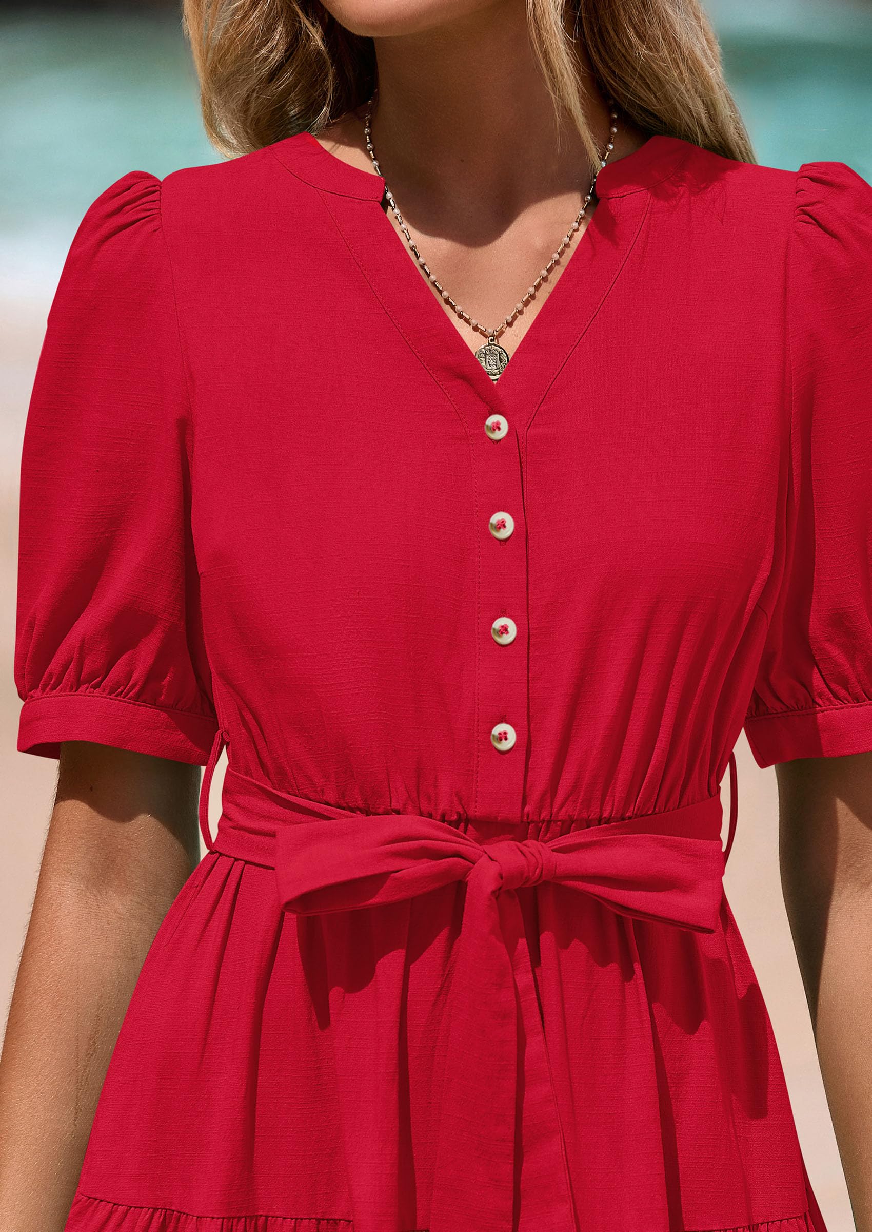 PRETTYGARDEN Women's Midi Dress Casual Short Sleeve V Neck Buttons Belted Ruffle A Line Flowy Dress with Pockets