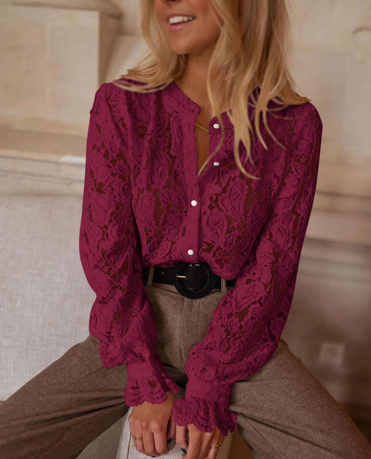 Women's Dressy Casual Lace Blouse Long Sleeve Button Up Shirts Tops Fall Fashion Clothes