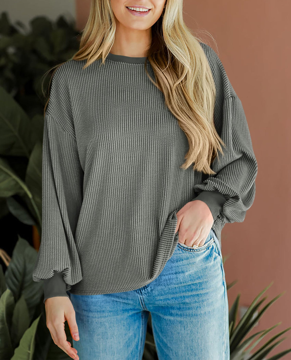 Women's Long Sleeve Tee Shirts Fall Trendy Clothes Casual Loose Crewneck Ribbed Blouse Tunic Tops