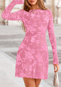 PRETTYGARDEN Women's Fall Fashion Floral Long Sleeve Mini Dress Mesh Bodycon Short Party Date Night Going Out Dresses