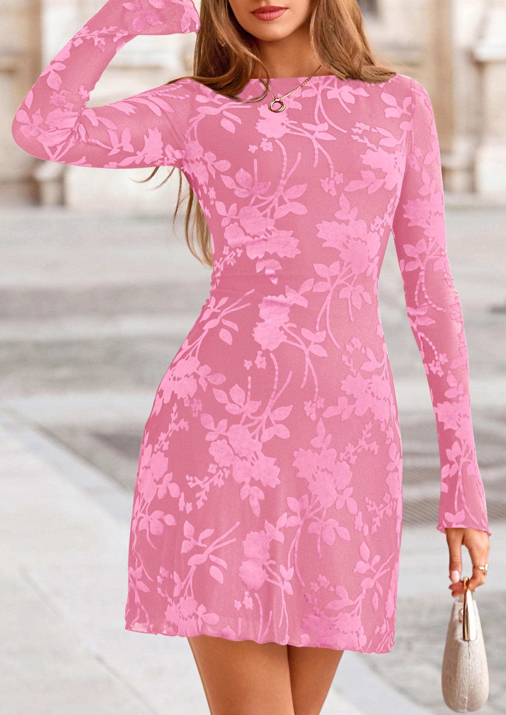 PRETTYGARDEN Women's Fall Fashion Floral Long Sleeve Mini Dress Mesh Bodycon Short Party Date Night Going Out Dresses