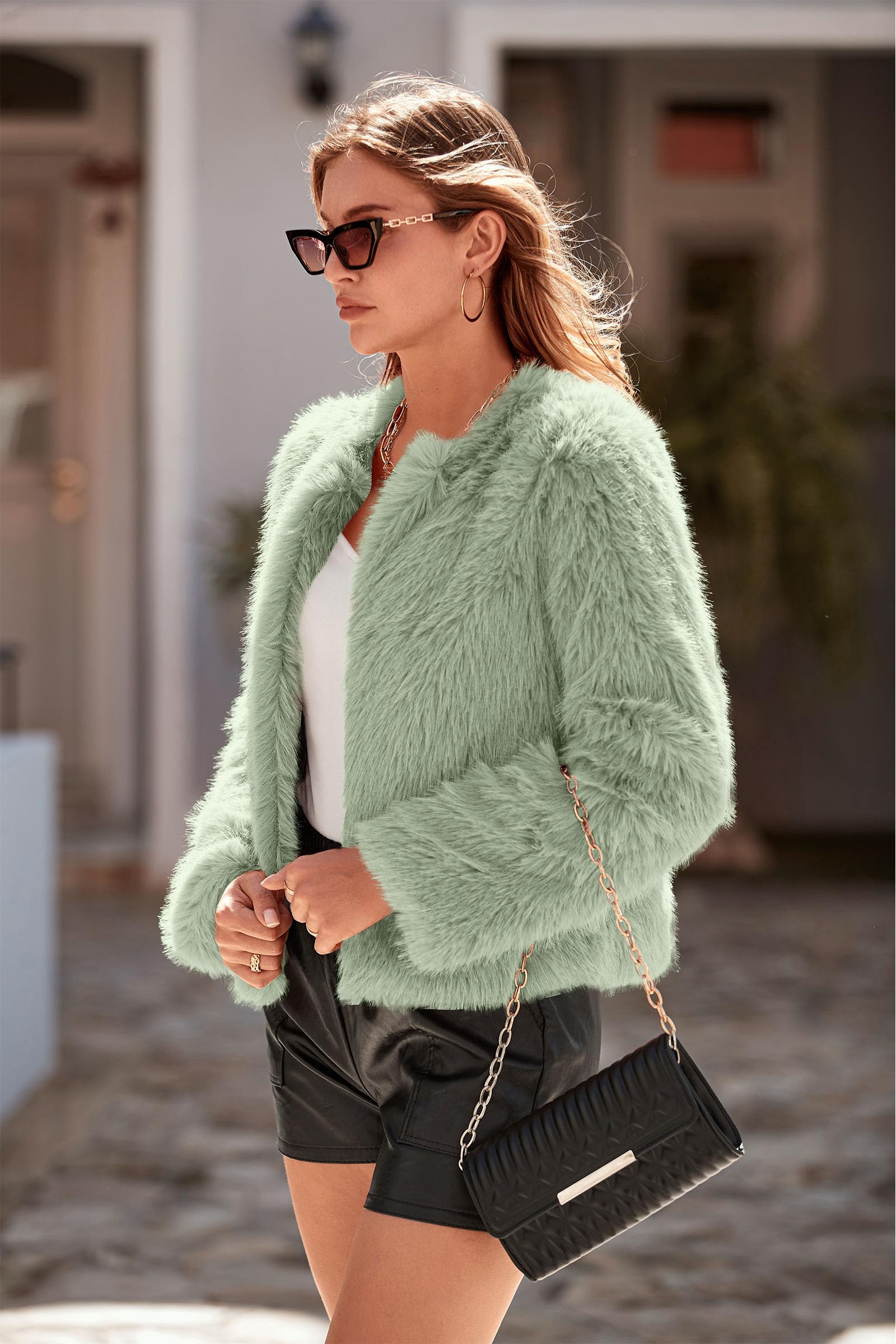 PRETTYGARDEN Women's Winter Coats Fleece Cropped Jacket Faux Fur Long Sleeve Pockets Shaggy Warm Outerwear Fall Clothes