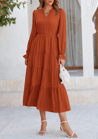 Women's Fall Maxi Dress Long Sleeve V Neck Tiered Ruffle Flowy A Line Cocktail Party Dresses