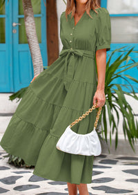 PRETTYGARDEN Women's Midi Dress Casual Short Sleeve V Neck Buttons Belted Ruffle A Line Flowy Dress with Pockets