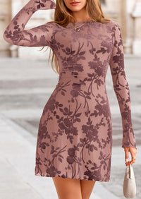 PRETTYGARDEN Women's Fall Fashion Floral Long Sleeve Mini Dress Mesh Bodycon Short Party Date Night Going Out Dresses