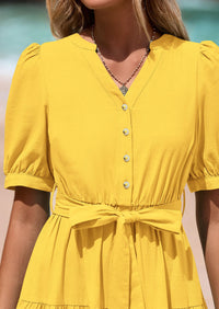 PRETTYGARDEN Women's Midi Dress Casual Short Sleeve V Neck Buttons Belted Ruffle A Line Flowy Dress with Pockets