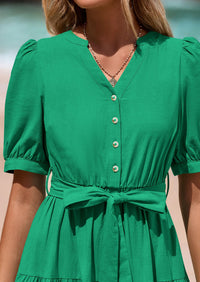 PRETTYGARDEN Women's Midi Dress Casual Short Sleeve V Neck Buttons Belted Ruffle A Line Flowy Dress with Pockets