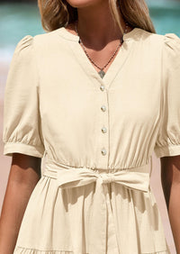 PRETTYGARDEN Women's Midi Dress Casual Short Sleeve V Neck Buttons Belted Ruffle A Line Flowy Dress with Pockets