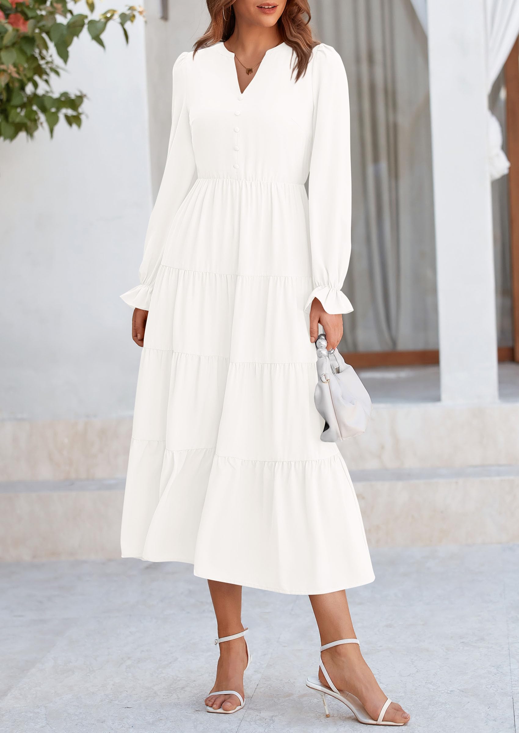 PRETTYGARDEN Women Fall Long Sleeve Smocked Maxi Dress Casual Square Neck Swiss Dot Tiered Ruffle Flowy Spring Pocket Dresses