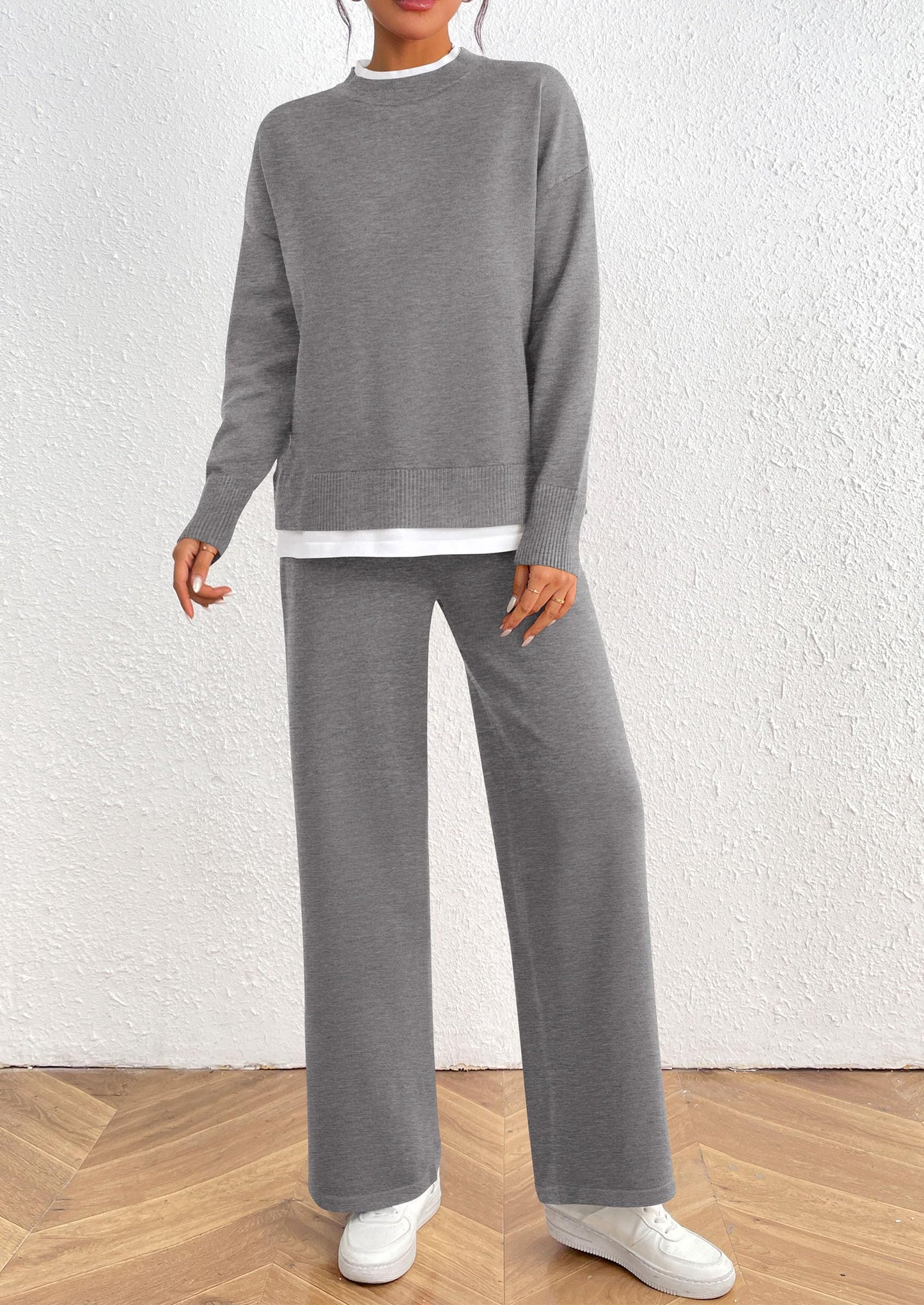 Fall 2 Piece Lounge Sets Long Sleeve Pullover Sweater Wide Leg Pants Matching Outfits Tracksuits