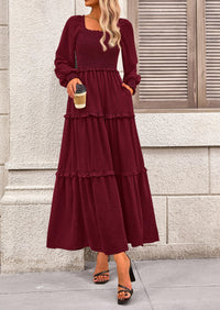 Women's Long Sleeve Smocked Maxi Dress Casual Square Neck Swiss Dot Tiered Ruffle Flowy Pocket Dresses