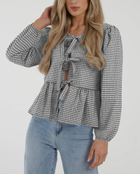 Babydoll Peplum Blouse Shirt Puff Long Sleeve Bow Tie Front Trendy Cute Y2K Going Out Tops