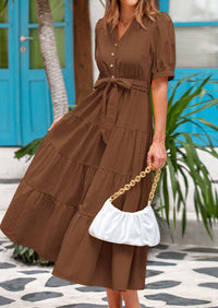 PRETTYGARDEN Women's Midi Dress Casual Short Sleeve V Neck Buttons Belted Ruffle A Line Flowy Dress with Pockets