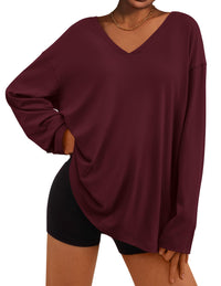 Fall Fashion Casual Long Sleeve V Neck Tunic Loose Basic T-shirts