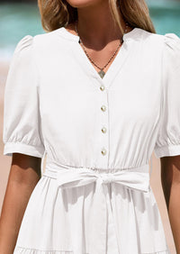 PRETTYGARDEN Women's Midi Dress Casual Short Sleeve V Neck Buttons Belted Ruffle A Line Flowy Dress with Pockets