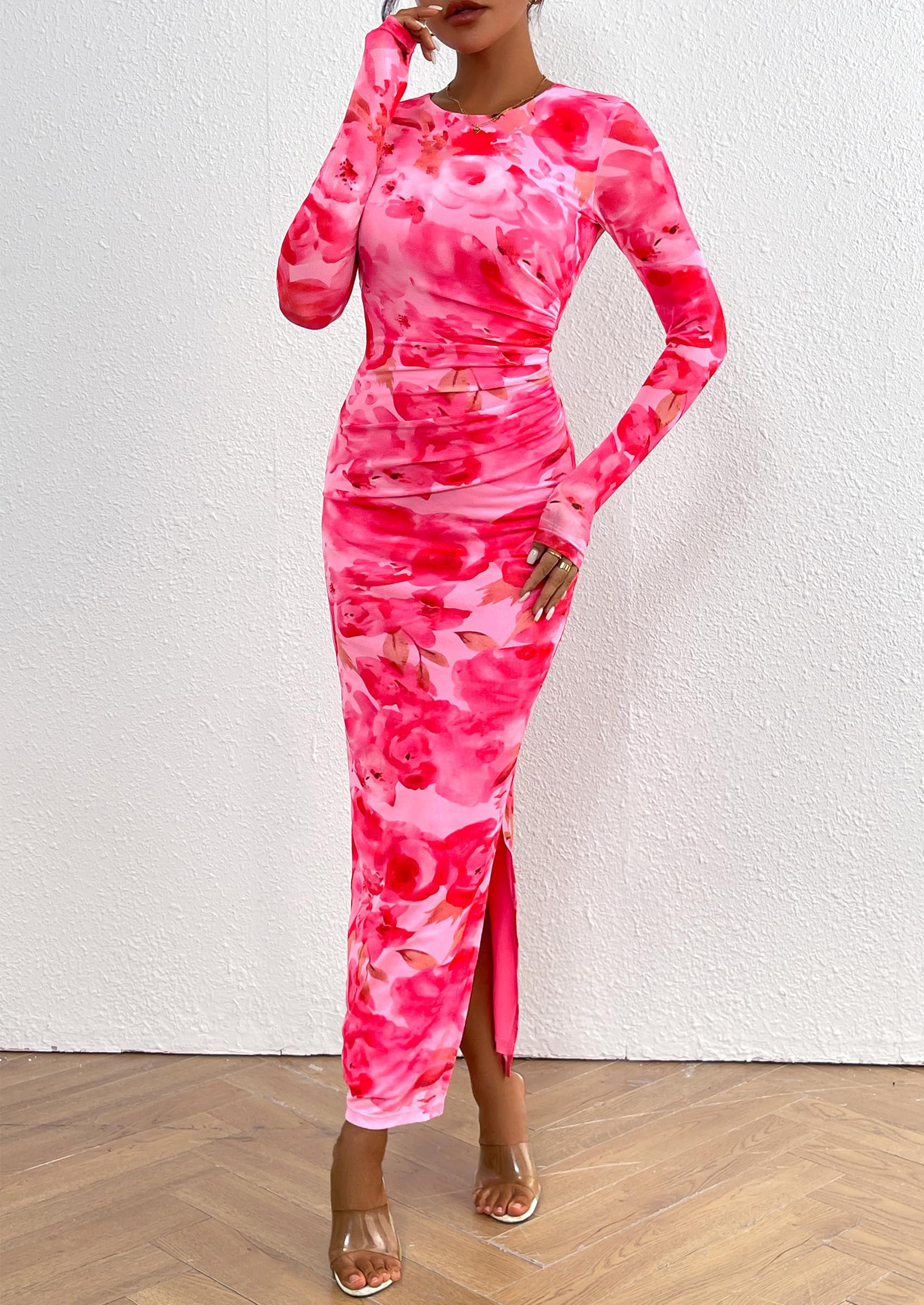 PRETTYGARDEN Women's Bodycon Maxi Dress Fall Spring Fashion Long Sleeve Floral Print Tight Fitted Party Club Ruched Dresses