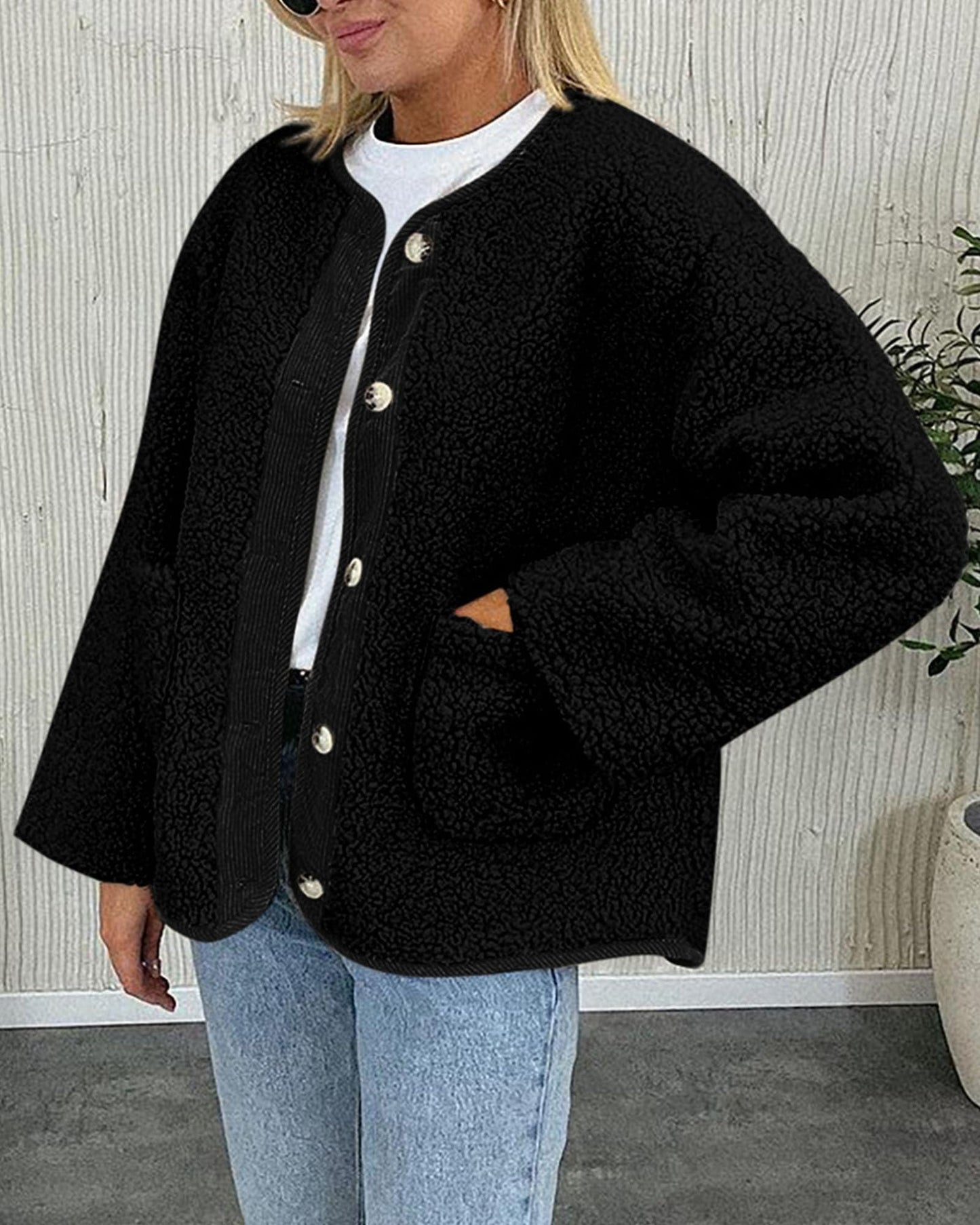 Women's Warm Winter Coats Casual Long Sleeve Button up Fuzzy Sherpa Fleece Jackets Outerwear