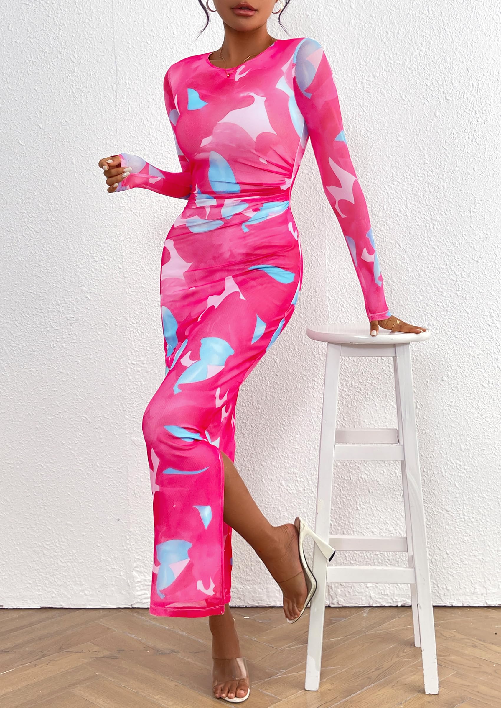 PRETTYGARDEN Women's Bodycon Maxi Dress Fall Spring Fashion Long Sleeve Floral Print Tight Fitted Party Club Ruched Dresses