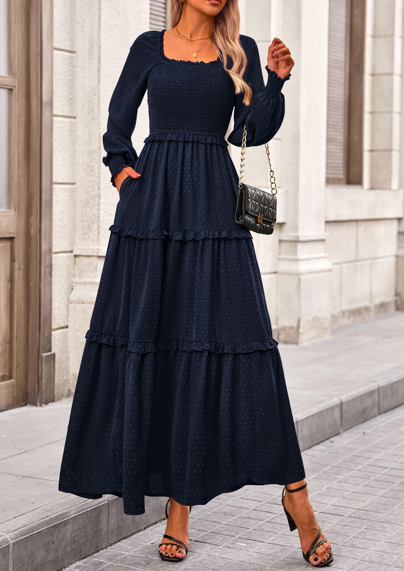 PRETTYGARDEN Women Fall Long Sleeve Smocked Maxi Dress Casual Square Neck Swiss Dot Tiered Ruffle Flowy Spring Pocket Dresses