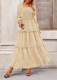 Women's Long Sleeve Smocked Maxi Dress Casual Square Neck Swiss Dot Tiered Ruffle Flowy Pocket Dresses