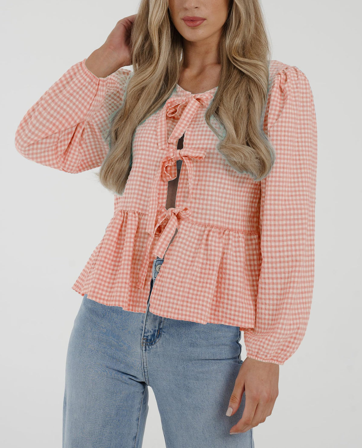 Babydoll Peplum Blouse Shirt Puff Long Sleeve Bow Tie Front Trendy Cute Y2K Going Out Tops