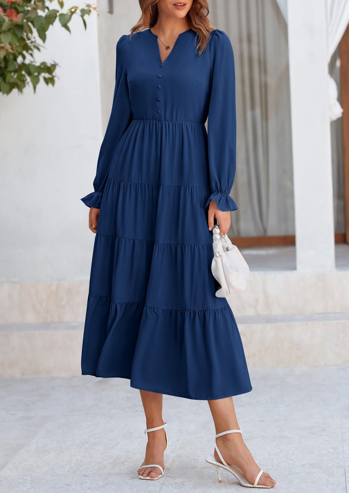 Women's Fall Maxi Dress Long Sleeve V Neck Tiered Ruffle Flowy A Line Cocktail Party Dresses