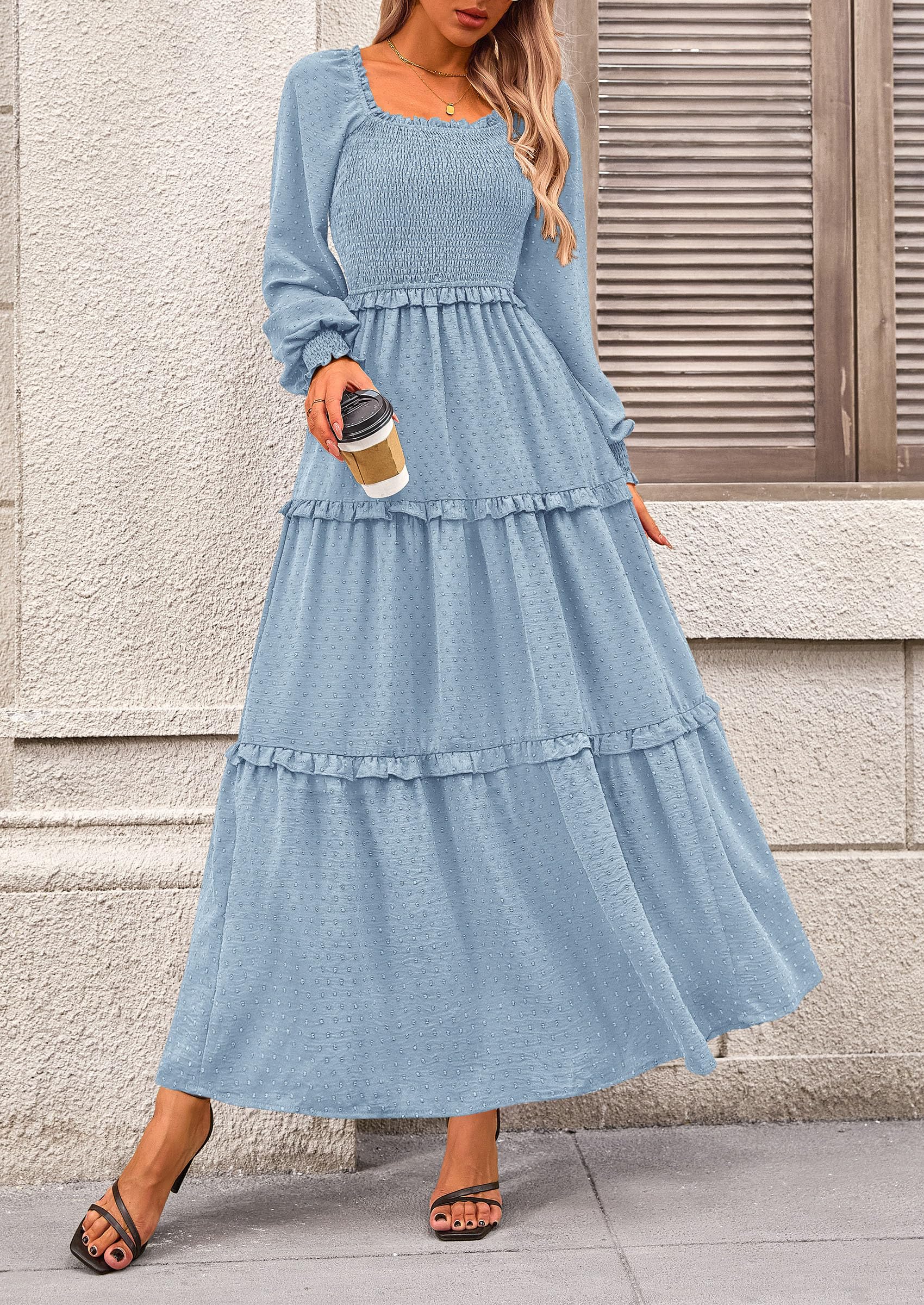 PRETTYGARDEN Women Fall Long Sleeve Smocked Maxi Dress Casual Square Neck Swiss Dot Tiered Ruffle Flowy Spring Pocket Dresses