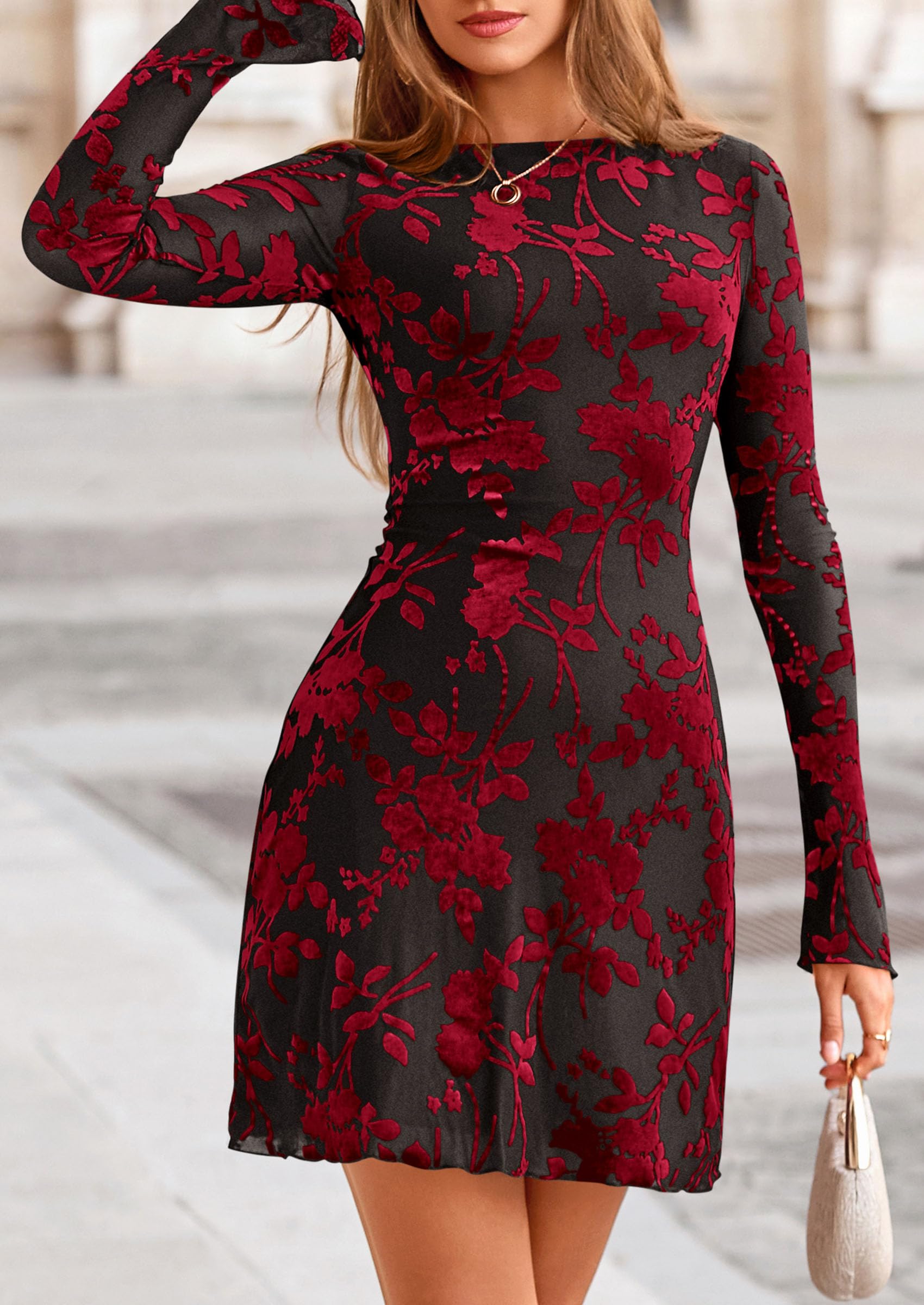 PRETTYGARDEN Women's Fall Fashion Floral Long Sleeve Mini Dress Mesh Bodycon Short Party Date Night Going Out Dresses