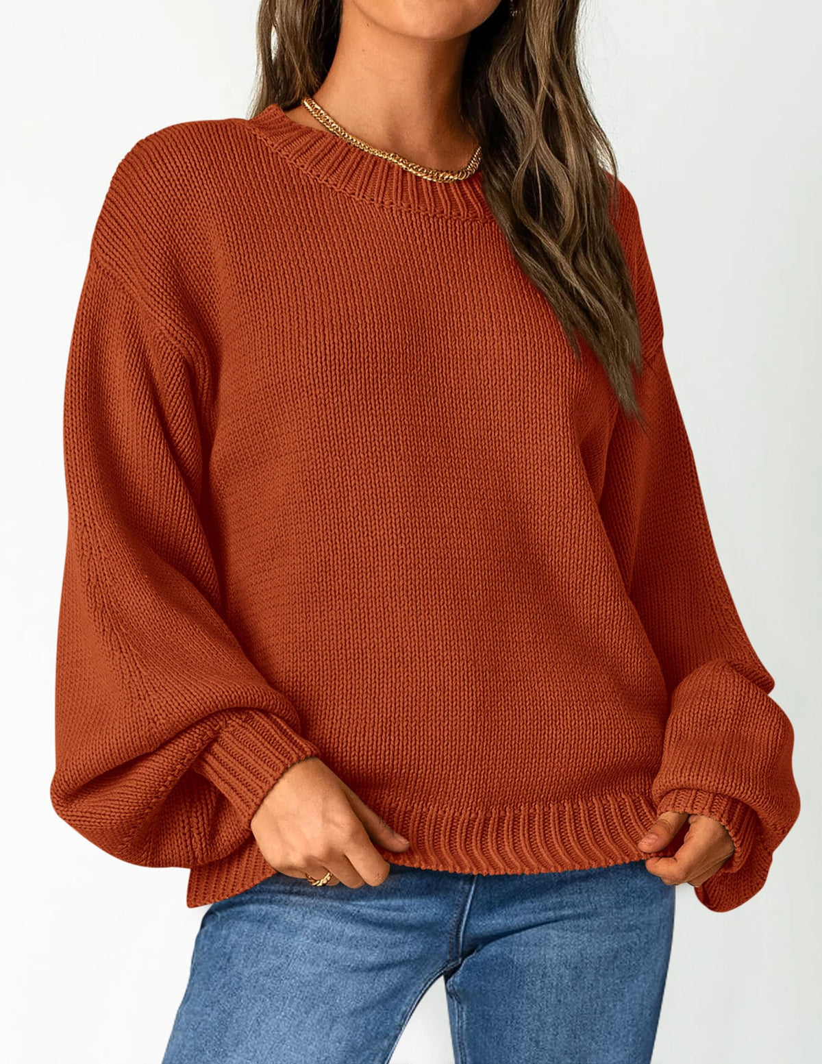 Women's 2024 Fall Chunky Knit Sweater Casual Long Lantern Sleeve Crewneck Pullover Jumper Tops