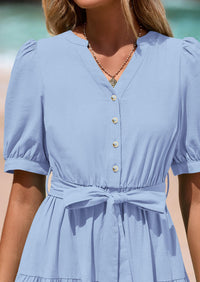 PRETTYGARDEN Women's Midi Dress Casual Short Sleeve V Neck Buttons Belted Ruffle A Line Flowy Dress with Pockets