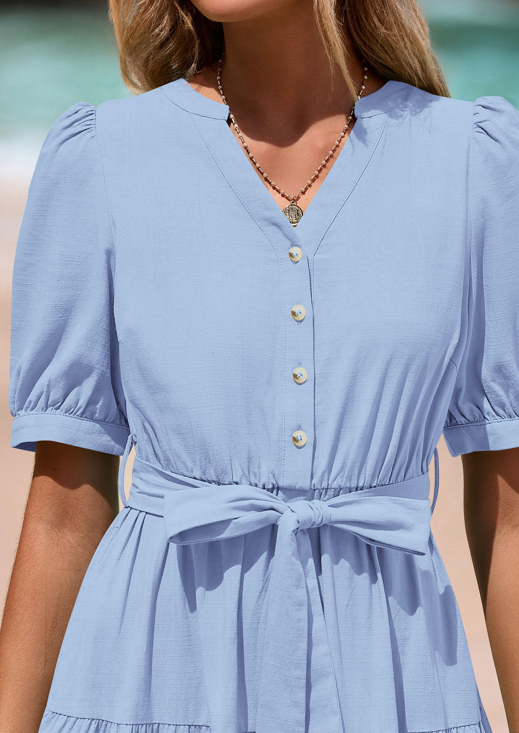 PRETTYGARDEN Women's Midi Dress Casual Short Sleeve V Neck Buttons Belted Ruffle A Line Flowy Dress with Pockets