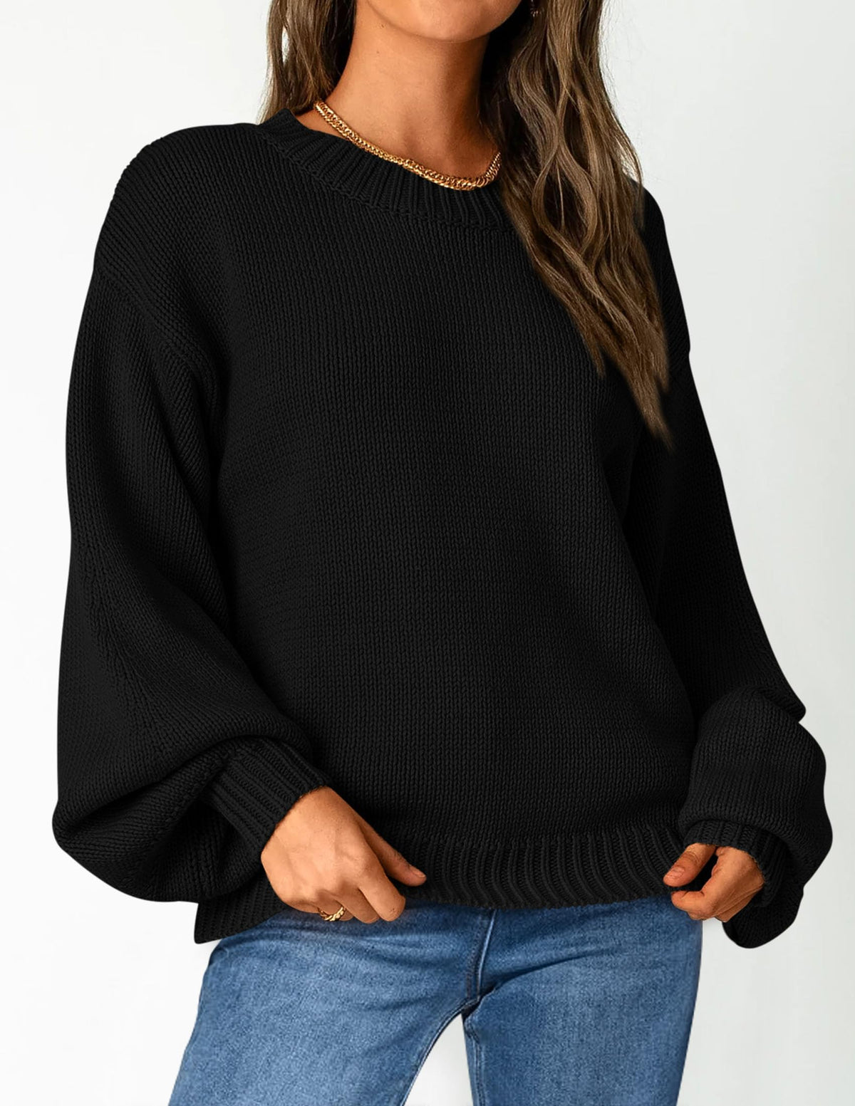 Women's 2024 Fall Chunky Knit Sweater Casual Long Lantern Sleeve Crewneck Pullover Jumper Tops