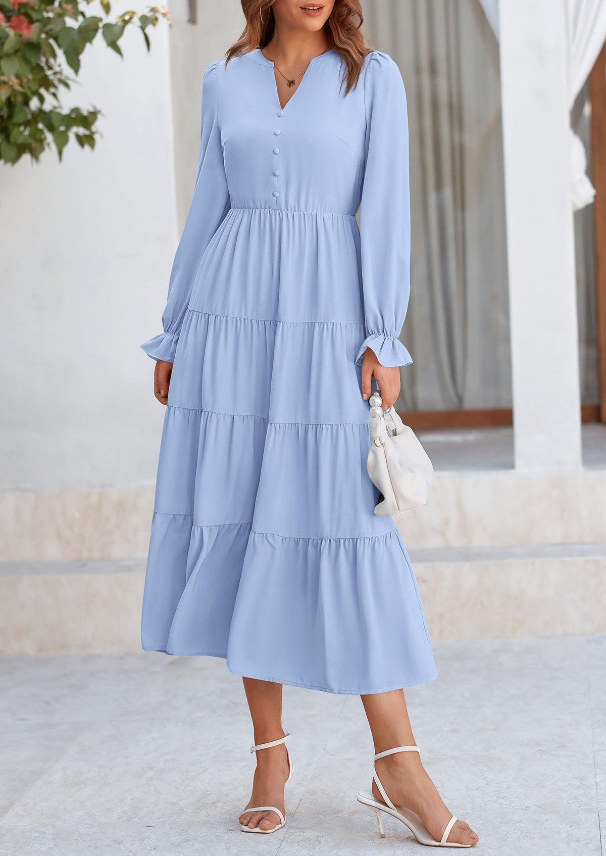 Women's Fall Maxi Dress Long Sleeve V Neck Tiered Ruffle Flowy A Line Cocktail Party Dresses