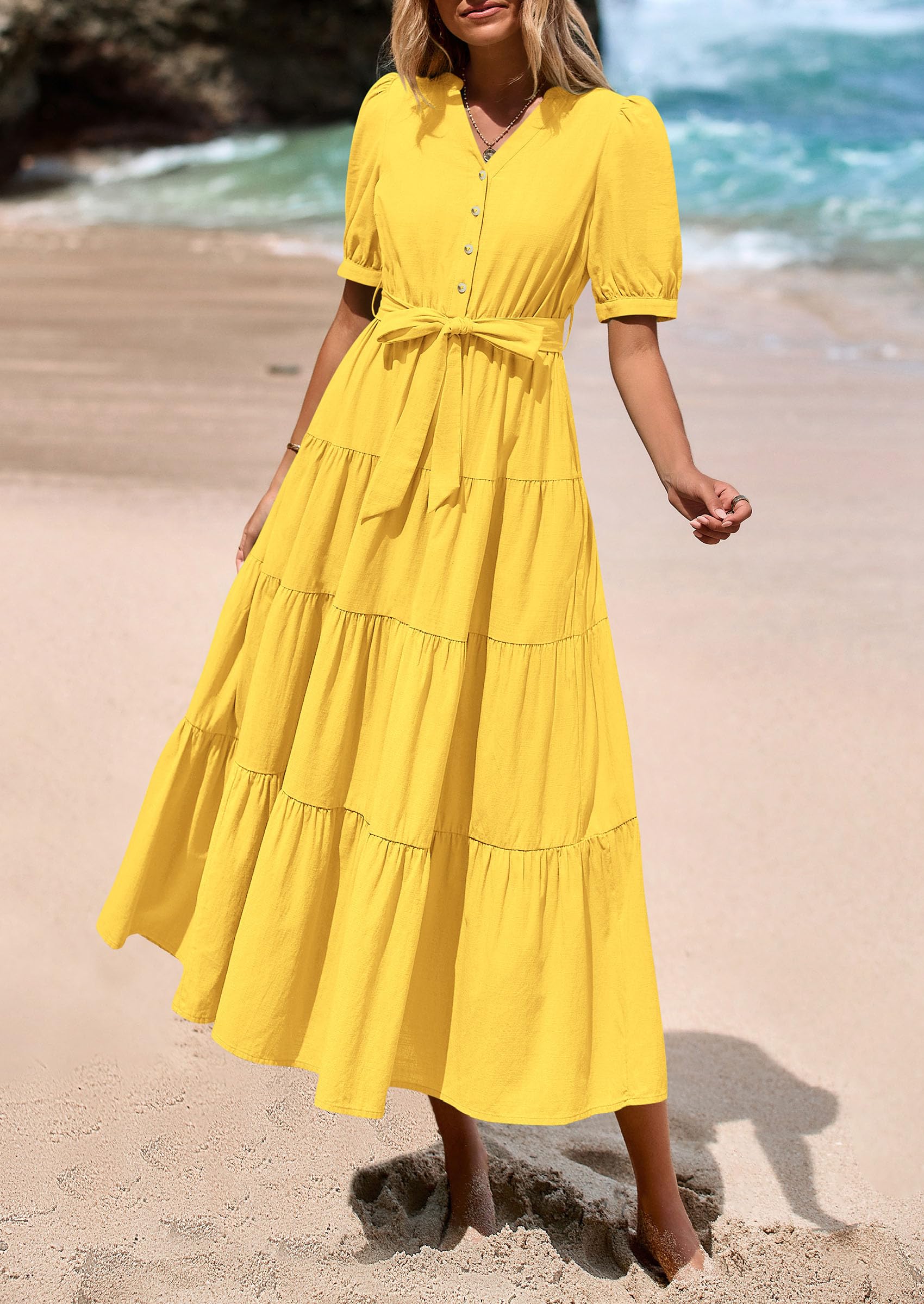 PRETTYGARDEN Women's Midi Dress Casual Short Sleeve V Neck Buttons Belted Ruffle A Line Flowy Dress with Pockets