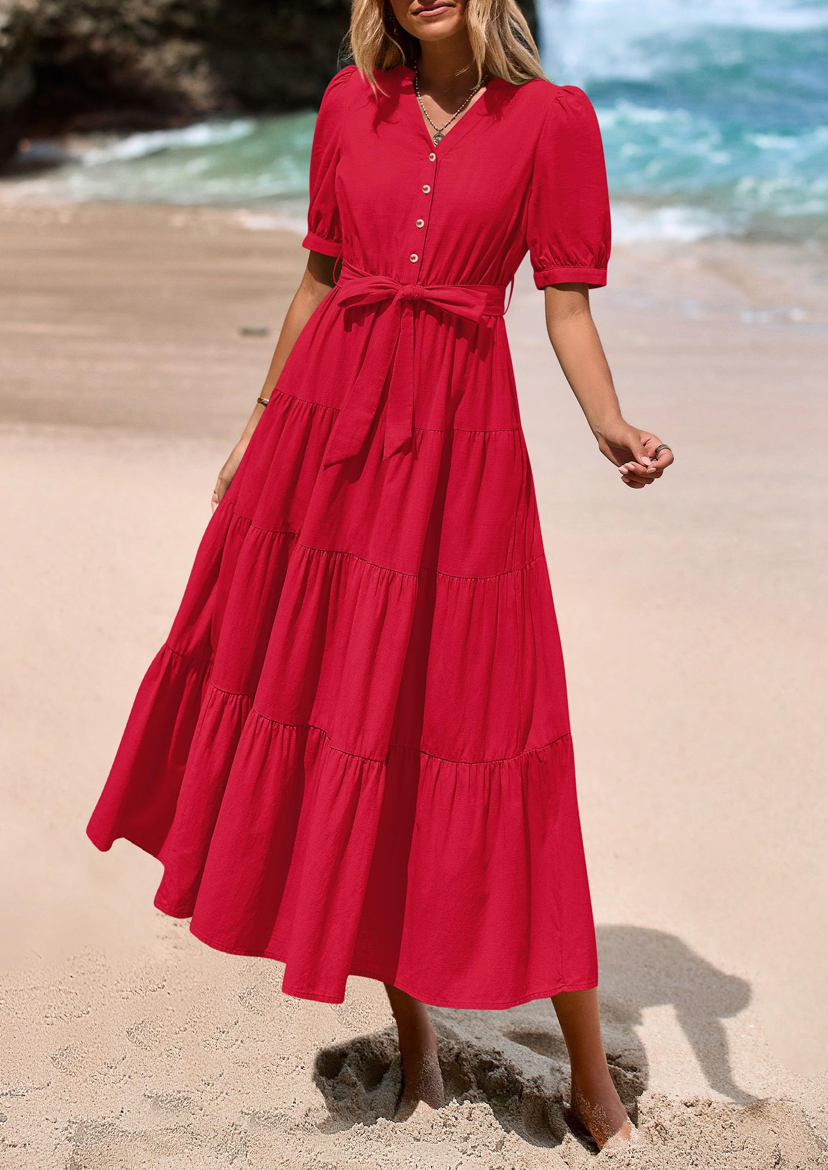 PRETTYGARDEN Women's Midi Dress Casual Short Sleeve V Neck Buttons Belted Ruffle A Line Flowy Dress with Pockets