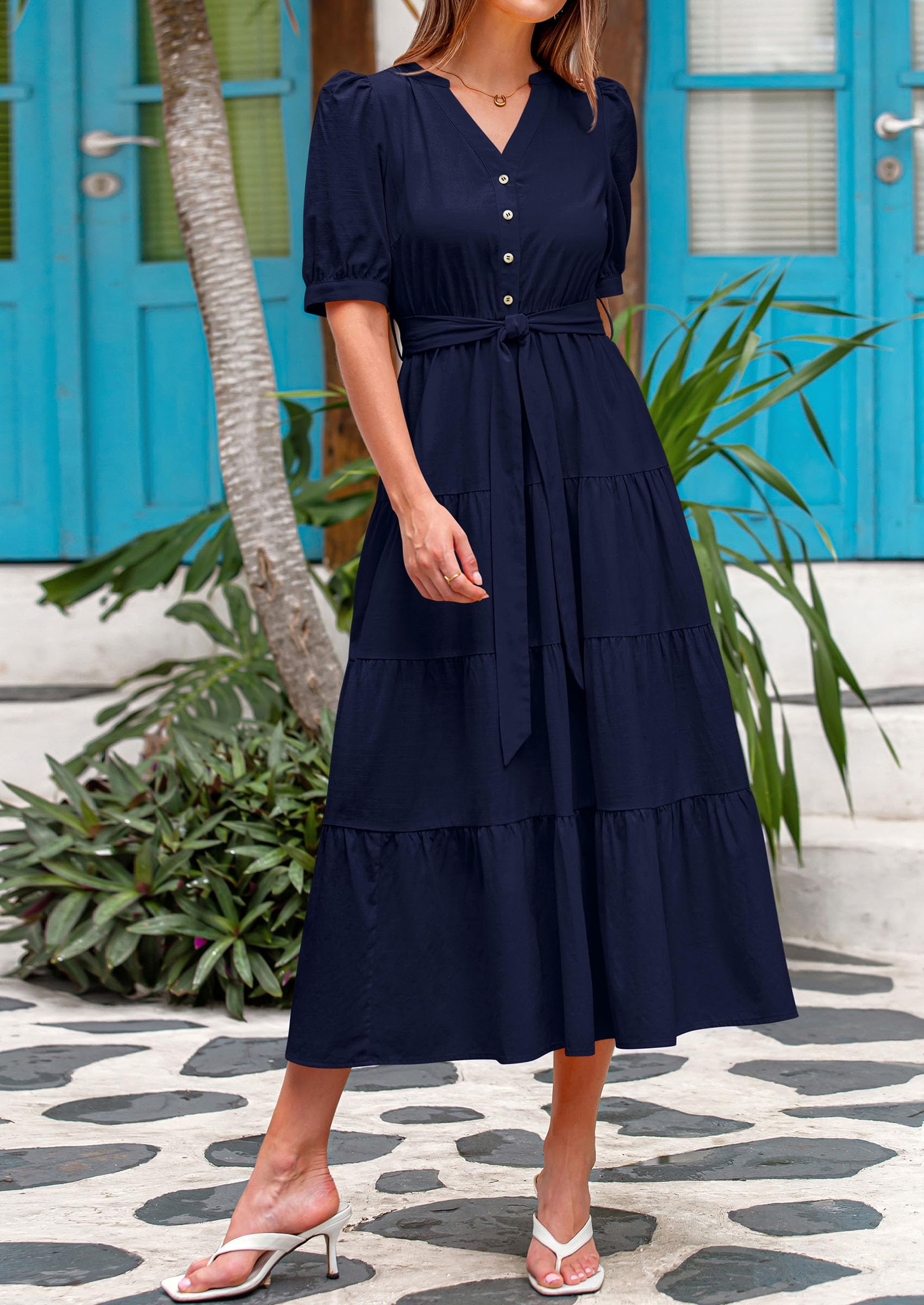 PRETTYGARDEN Women's Midi Dress Casual Short Sleeve V Neck Buttons Belted Ruffle A Line Flowy Dress with Pockets