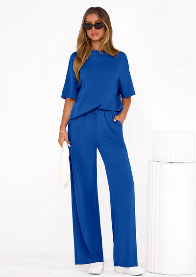 PRETTYGARDEN Women's Summer 2 Piece Lounge Set Short Sleeve Tops Wide Leg Pants Spring Vacation Travel Outfits Clothes PRETTYGARDEN