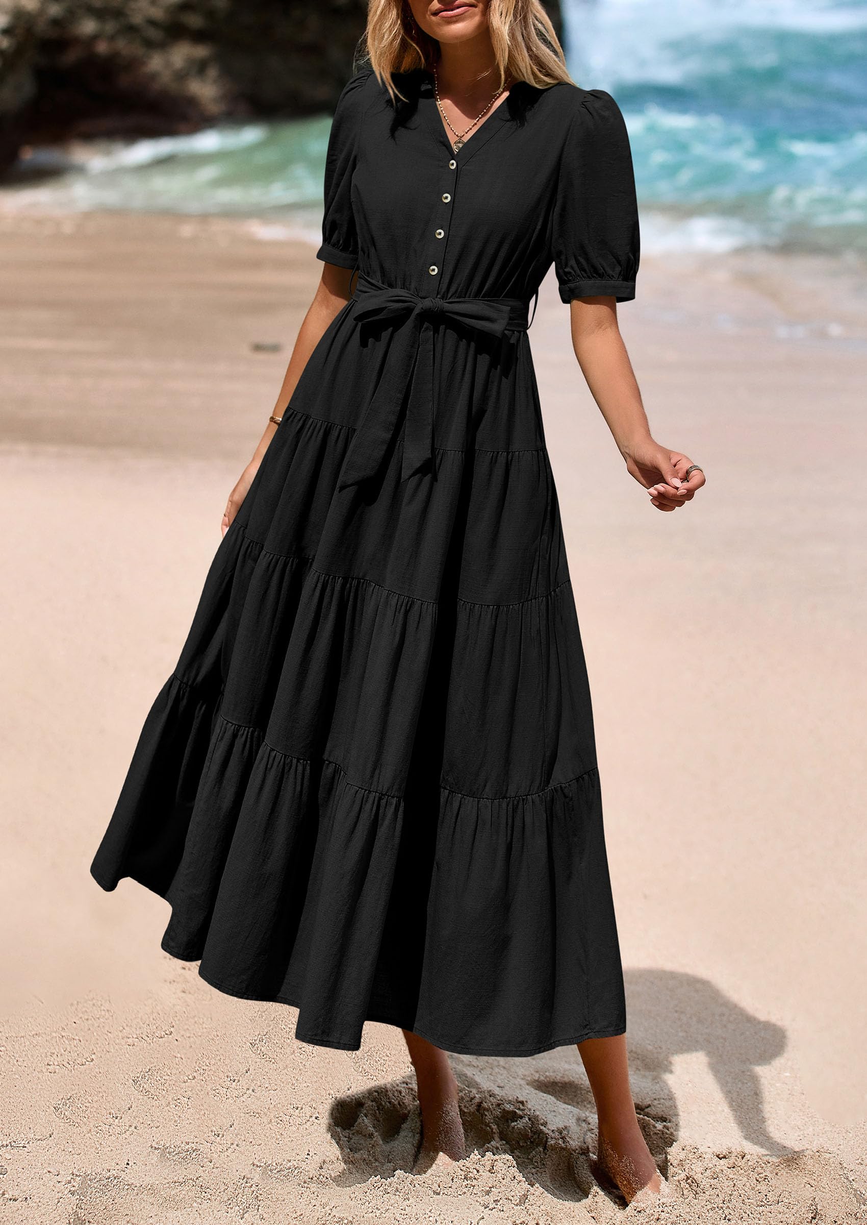 PRETTYGARDEN Women's Midi Dress Casual Short Sleeve V Neck Buttons Belted Ruffle A Line Flowy Dress with Pockets