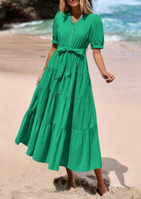 PRETTYGARDEN Women's Midi Dress Casual Short Sleeve V Neck Buttons Belted Ruffle A Line Flowy Dress with Pockets