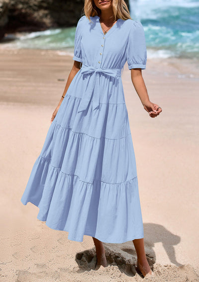 PRETTYGARDEN Women's Midi Dress Casual Short Sleeve V Neck Buttons Belted Ruffle A Line Flowy Dress with Pockets