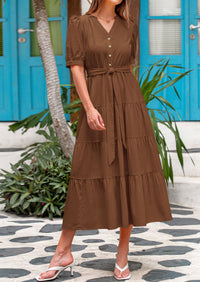 PRETTYGARDEN Women's Midi Dress Casual Short Sleeve V Neck Buttons Belted Ruffle A Line Flowy Dress with Pockets