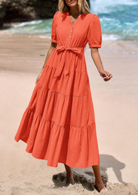 PRETTYGARDEN Women's Midi Dress Casual Short Sleeve V Neck Buttons Belted Ruffle A Line Flowy Dress with Pockets