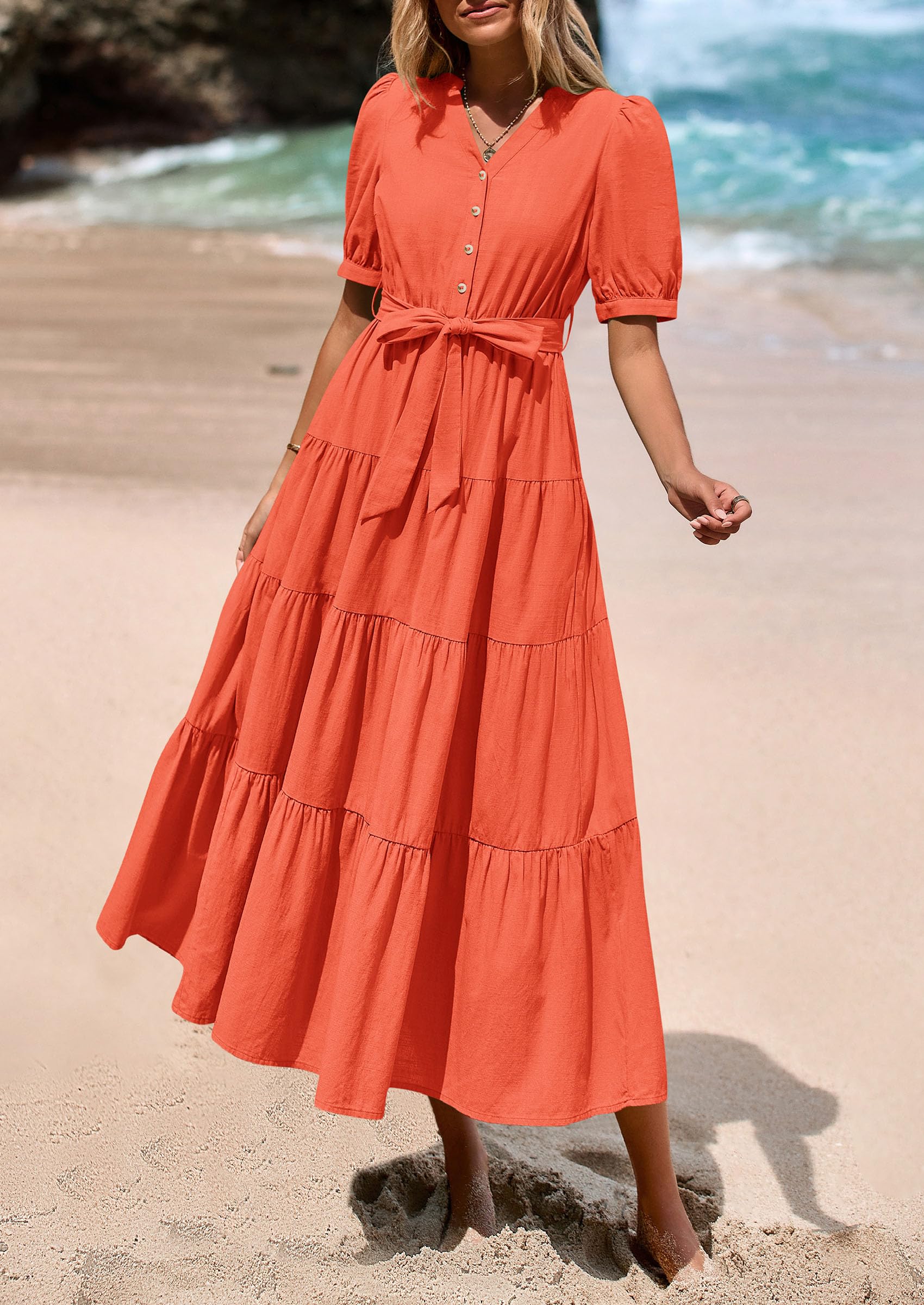 PRETTYGARDEN Women's Midi Dress Casual Short Sleeve V Neck Buttons Belted Ruffle A Line Flowy Dress with Pockets