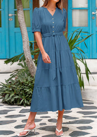 PRETTYGARDEN Women's Midi Dress Casual Short Sleeve V Neck Buttons Belted Ruffle A Line Flowy Dress with Pockets