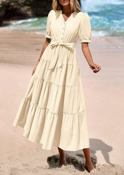 PRETTYGARDEN Women's Midi Dress Casual Short Sleeve V Neck Buttons Belted Ruffle A Line Flowy Dress with Pockets